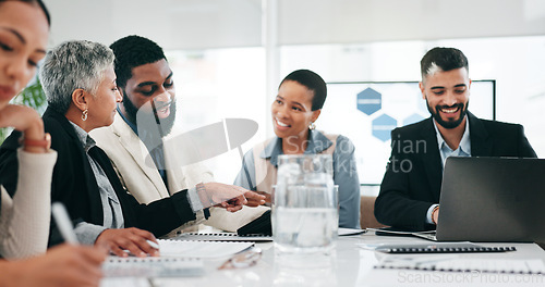 Image of Business, collaboration and boardroom with a management team in a corporate workplace for growth. Teamwork, professional and planning with an an employee group working in the office together