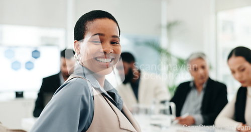 Image of Office, meeting and face of business black woman with team for planning, startup and collaboration. Corporate, career and portrait of happy worker with staff for discussion, feedback and presentation