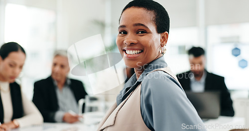 Image of Office, meeting and face of business black woman with team for planning, startup and collaboration. Corporate, career and portrait of happy worker with staff for discussion, feedback and presentation