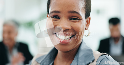 Image of Happy, meeting and face of business black woman in office with team for planning, startup and collaboration. Corporate, career and portrait of worker with staff for discussion, coworking and feedback