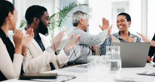 Image of Business people, group applause and high five on laptop for achievement, goal or success. Clapping, excited team and fist bump in celebration, target and congratulations for winner of bonus promotion