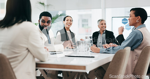 Image of Talking, morning and business people leaving meeting, team seminar or a break from a workshop. Smile, together and corporate employees speaking and walking from a conference or training in an office