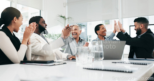 Image of Business people, group applause and high five on laptop for achievement, goal or success. Clapping, excited team and fist bump in celebration, target and congratulations for winner of bonus promotion