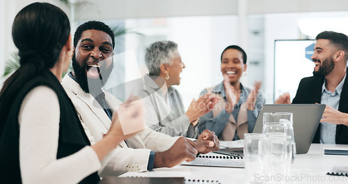 Image of Business people, group applause and high five on laptop for achievement, goal or success. Clapping, excited team and fist bump in celebration, target and congratulations for winner of bonus promotion