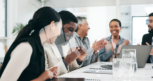 Image of Business people, group applause and high five on laptop for achievement, goal or success. Clapping, excited team and fist bump in celebration, target and congratulations for winner of bonus promotion