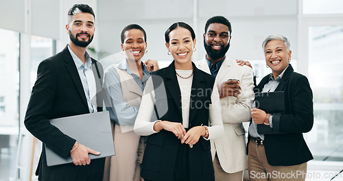 Image of Corporate, business people and face with management, teamwork and diversity in office. Collaboration, executive consultants and group portrait with leadership, solidarity and workforce confidence