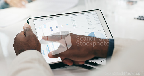 Image of Business hands, screen and tablet for data analytics, graphs and chart or marketing profit, increase and planning in meeting. Professional people and clients with infographics on digital technology