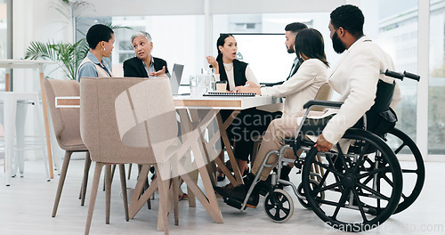 Image of Inclusive, talking and business people in a morning meeting for collaboration, planning or discussion. Happy, diversity and a black man with a disability working at a company with emplyees speaking