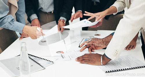 Image of Business people, hands and paperwork at meeting with company information and project. Collaboration, office document and sales report of staff with teamwork, cooperation and planning with data