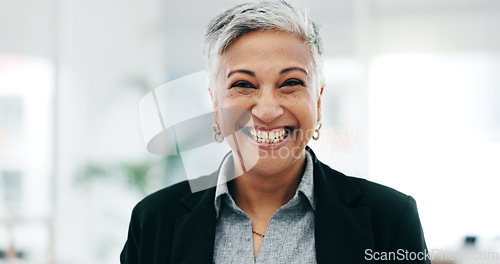 Image of Senior woman, ceo closeup and laughing face in a office with consultant manager confidence. Funny, comedy and happy professional employee at a company with job at consultation agency with a smile