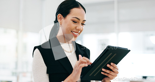 Image of Woman, tablet and smile in office for planning research, online report and business information. Happy employee scroll on digital technology for social network, update website data or analysis on app
