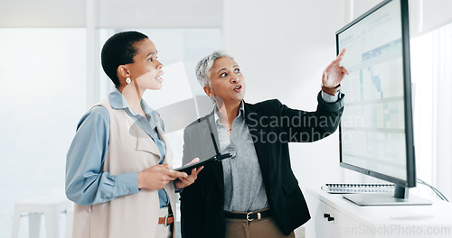 Image of Women, team and computer screen or tablet for spreadsheet, business calendar or project timeline management. Professional manager or people on digital technology for marketing strategy and solution