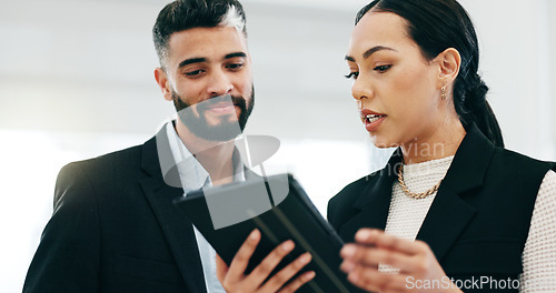 Image of Business people, tablet and talking in office for advice, project management and planning review. Man, woman and corporate employees with digital technology for feedback, team collaboration and info