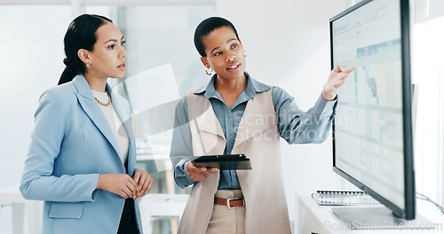 Image of Data, presentation and women with tablet in the office for charts, graphs and statistics planning, Discussion, technology and financial advisors analyzing stock market in collaboration at workplace.