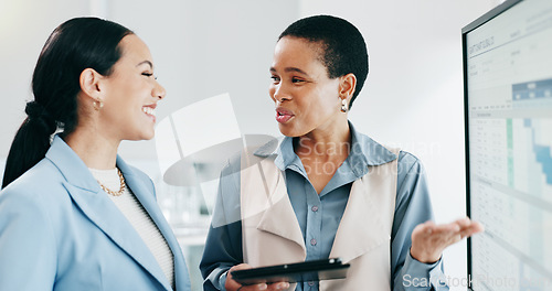 Image of Discussion, presentation and women with tablet in the office for charts, graphs or statistics planning. Meeting, technology and financial advisors analyzing finance data in collaboration at workplace