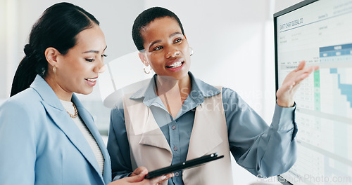 Image of Data, meeting and women with tablet in the office for project statistics or graphs planning. Discussion, technology and financial advisors analyzing finance charts in collaboration at workplace.