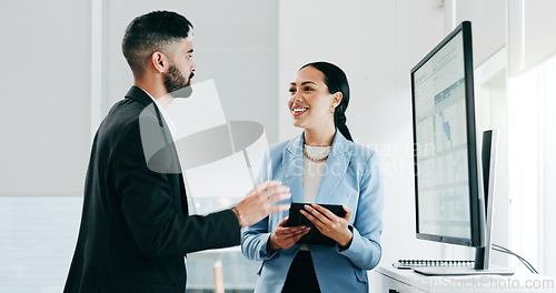 Image of Data, presentation and business people with tablet in the office for project statistics planning, Discussion, technology and financial advisors analyzing finance graphs in collaboration at workplace.