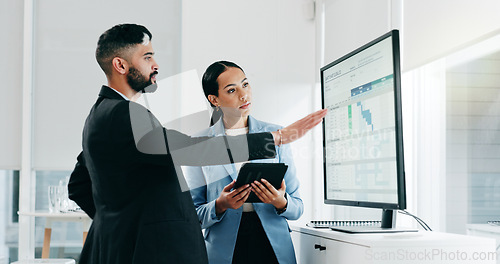 Image of Data, presentation and business people with tablet in the office for project statistics planning, Discussion, technology and financial advisors analyzing finance graphs in collaboration at workplace.