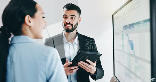 Image of Discussion, presentation and business people with data in office for project statistics planning. Analytics, technology and financial advisors analyzing finance graphs in collaboration at workplace.