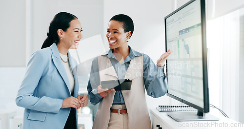 Image of Data, meeting and women with tablet in the office for project statistics or graphs planning. Discussion, technology and financial advisors analyzing finance charts in collaboration at workplace.