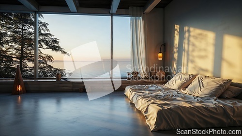 Image of Cozy Modern Bedroom with Ocean View at Sunset