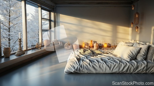 Image of Cozy Winter Bedroom with Warm Candles and Snow View