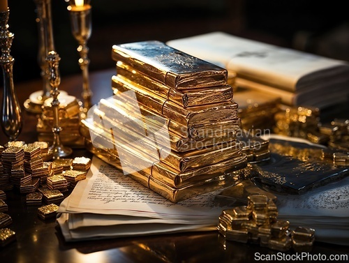 Image of Vintage Books and Gold Nuggets on Antique Desk