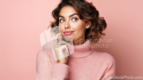 Image of Portrait of Thoughtful Woman in Pink Sweater, Dreamy Look