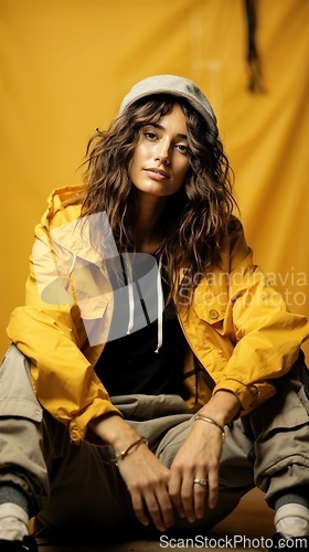 Image of Stylish Woman in Casual Fashion Against Yellow Background