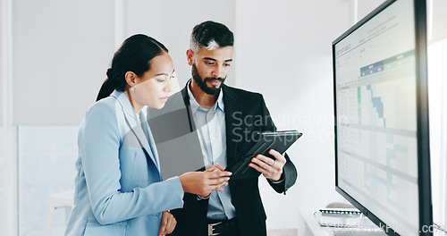 Image of Data, presentation and business people with tablet in the office for project statistics planning, Discussion, technology and financial advisors analyzing finance graphs in collaboration at workplace.