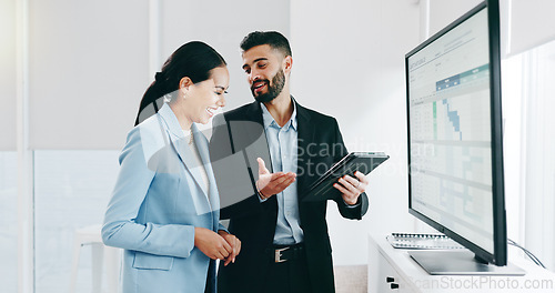 Image of Data, presentation and business people with tablet in the office for project statistics planning, Discussion, technology and financial advisors analyzing finance graphs in collaboration at workplace.