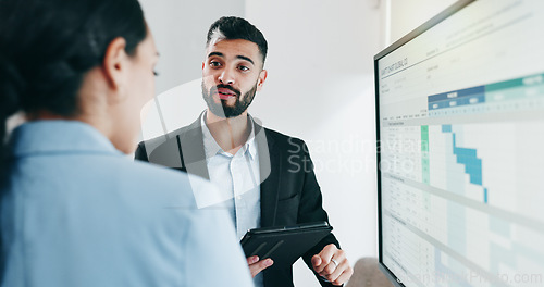 Image of Discussion, presentation and business people with data in office for project statistics planning. Analytics, technology and financial advisors analyzing finance graphs in collaboration at workplace.