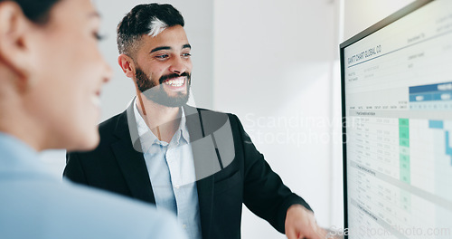 Image of Discussion, presentation and business people with data in office for project statistics planning. Analytics, technology and financial advisors analyzing finance graphs in collaboration at workplace.