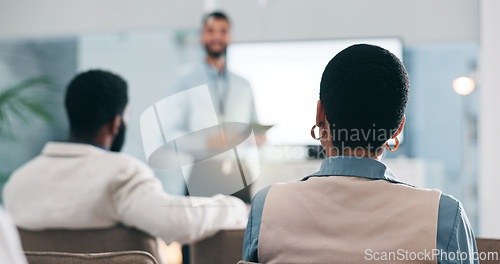 Image of Business people, feedback and woman with questions, seminar and conference with corporate training, talking and audience. Presenter, crowd or coaching in a workshop, learning and why with information