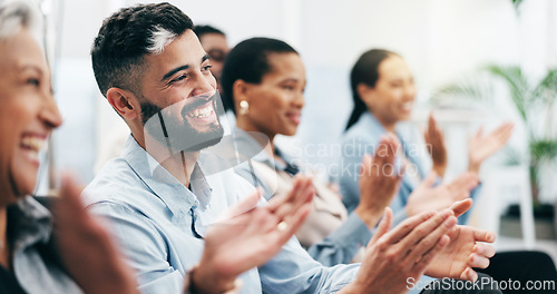 Image of Happy business people, man and group with applause in seminar, tradeshow and achievement of success. Face, employees and crowd clapping to celebrate workshop, praise and winning award at conference