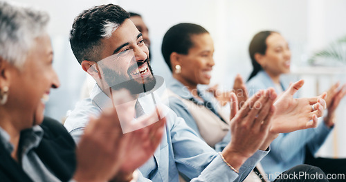 Image of Happy business people, man and group with applause in seminar, tradeshow and achievement of success. Face, employees and crowd clapping to celebrate workshop, praise and winning award at conference