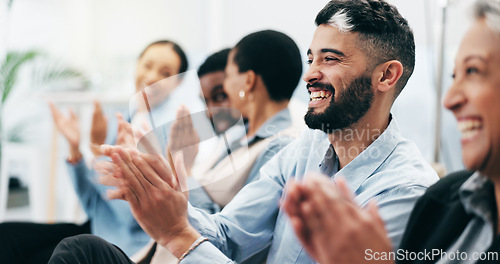 Image of Happy business people, man and group with applause in seminar, tradeshow and achievement of success. Face, employees and crowd clapping to celebrate workshop, praise and winning award at conference