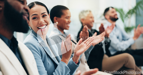 Image of Business people, woman and team applause in conference, tradeshow and support feedback of success. Happy employees, audience and clapping in celebration, praise or winning award at seminar convention