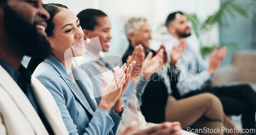 Image of Business people, woman and team applause in conference, tradeshow and support feedback of success. Happy employees, audience and clapping in celebration, praise or winning award at seminar convention