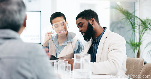 Image of Meeting, tablet and business people in office for presentation, kpi analytics and project ideas. Corporate, collaboration and men and women talking, brainstorming solution and working on digital tech