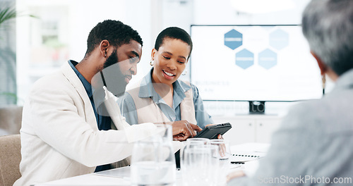 Image of Meeting, tablet and business people in office for presentation, kpi analytics and project ideas. Corporate, collaboration and men and women talking, brainstorming solution and working on digital tech