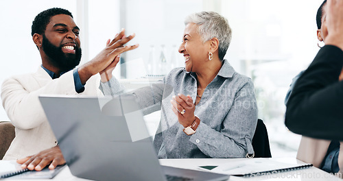 Image of Business people, team applause and high five in celebration of achievement, goal or success. Clapping, excited and group happy, victory target and congratulations to bonus promotion winner in office