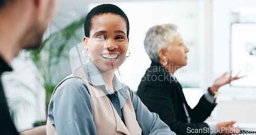 Image of Business, black woman and talking to team in office for discussion, communication or conversation. Happy corporate employee, collaboration and meeting for feedback, planning project or chat boardroom