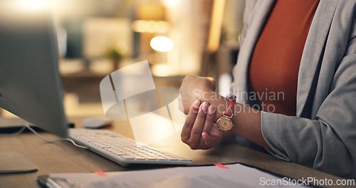 Image of Business woman, hands and wrist pain in office at computer from osteoporosis, orthopedic joint and working late. Closeup of employee with carpal tunnel injury, fibromyalgia and muscle fatigue at desk