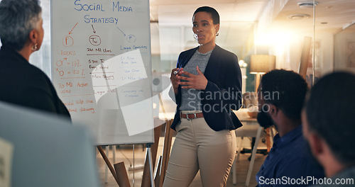 Image of Presentation, whiteboard and businesswoman planning a strategy with team in office for creative project. Collaboration, startup and designers in meeting for research, brainstorming and discussion