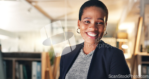 Image of Face, happy and black woman in office at night for business on a computer during overtime. Smile, workspace and portrait of an African employee with a pc for a late deadline or working in corporate