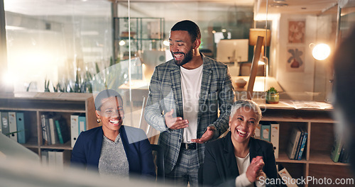 Image of Presentation, clapping hands and business people celebrate in office for planning creative project. Collaboration, startup and group of designers with applause for teamwork success in the workplace.