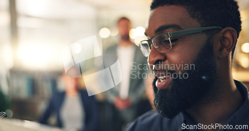 Image of Business man, presentation and leader talking in meeting in an office for training or ideas. African person explaining strategy, planning or pitch with team, applause and celebration for success