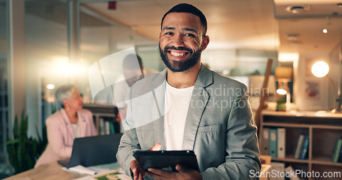 Image of Tablet, meeting and business man at night in office, working on research project, schedule and planning. Happy, corporate and portrait of worker on digital tech for internet, website and feedback