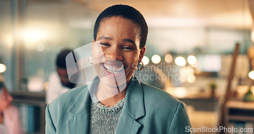 Image of Face, business and black woman with arms a smile, meeting or career with teamwork, success or brainstorming. Portrait, African person or employee with cooperation, staff or professional with planning